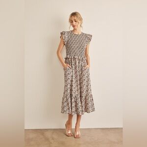 In February Floral Smocked Ruffled Midi Dress